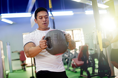 Buy stock photo Man, fitness and gym with medicine ball for core strength, muscle gain or power in health club. Active, male person or physical activity with equipment or weight for indoor workout or training