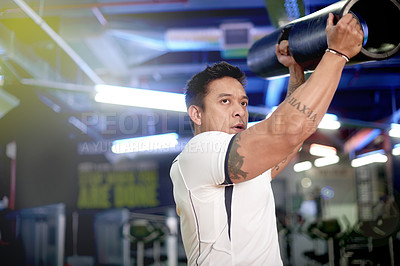 Buy stock photo Training, exercise and tube with man in gym for heavy equipment, bodybuilder and challenge. Health, athlete and wellness with strong person in sports club for weightlifting, workout and muscle