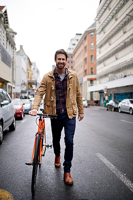 Buy stock photo Bike, portrait and walking with man in city for eco friendly commute to business location. Pushing, smile and travel with person outdoor in urban town for net zero transportation to destination