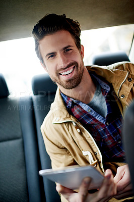 Buy stock photo Smile, tablet and man in taxi for travel, journey and morning commute in portrait. Technology, car ride and passenger in cab for trip, navigation and map on app on internet for transportation service