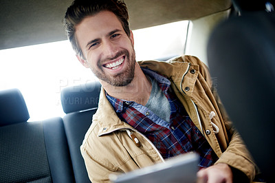 Buy stock photo Tablet, smile and man in taxi for travel, morning commute and journey with passenger. Technology, portrait and happy person in cab for trip, location and destination info with schedule in transport