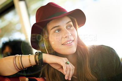 Buy stock photo Travel, thinking and girl with smile, vacation and relax with weekend break, gen z and tourism. Sightseeing, summer holiday and person with journey, teenager and hat with streetwear and confidence