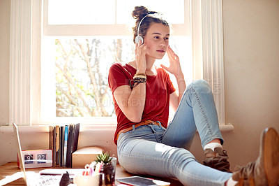 Buy stock photo Relax, teenager and listening to music on headphones for audiobook, online podcast or thinking of song. Radio, technology and girl with streaming service for audio, sound and student on break in home