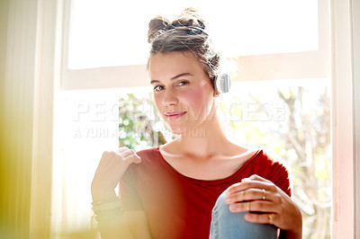 Buy stock photo Girl, portrait and headphones with music in home for audio playlist, streaming podcast and sound album. Flare, teenager and listening to technology app for radio, song subscription and weekend break