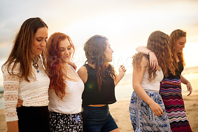 Buy stock photo Group, hug and women on vacation, beach or travel with friends in nature, reunion or happy on break. Outdoor, friendship and people on summer holiday, space and bonding on weekend, getaway and sunset