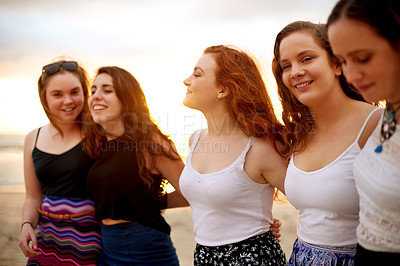 Buy stock photo Friends, hug and women on vacation, beach and laugh with group in nature, reunion or happy on break. Outdoor, adventure and people on summer holiday, embrace and bonding on weekend, travel and sunset