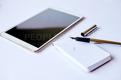 Buy stock photo Tablet, diary and notes with white background in studio for writing, reminder and planning career. Corporate, business and notebook with digital technology for stationery, creative workplace or job