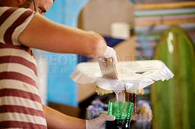 Buy stock photo Resin, gloves and man with surfboard, fiberglass and creative for skills, talent and hobby. Craftsman, artist and entrepreneur with workshop for design, manufacturing or custom work for artisan craft
