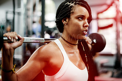 Buy stock photo Fitness, woman and barbell in gym for exercise, strength training and strong muscle development. African bodybuilder, weightlifting and workout for power, challenge and wellness in health club