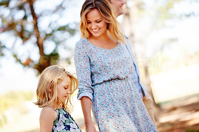 Buy stock photo Outdoor, mother and child in park with smile, bonding and relax on summer holiday for childhood memory. Happiness, woman or daughter on vacation with care, travel and adventure for wellness trip.
