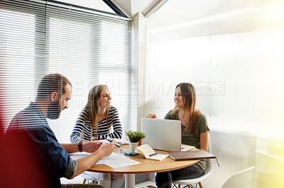 Buy stock photo Collaboration, laptop or meeting with business people in office together for brainstorming. Conversation, design or planning with designer team in creative workplace with tech, discussion or strategy