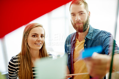 Buy stock photo Idea, meeting and business people with sticky notes for brainstorming, online project and planning. Creative office, collaboration and workers on digital tech for research, task agenda and teamwork