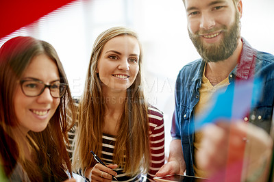 Buy stock photo Team, sticky notes and business people by glass for meeting, brainstorming and project ideas. Creative startup, collaboration and workers in office planning for task agenda, strategy or research