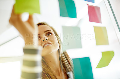 Buy stock photo Office, sticky notes and business woman by glass for brainstorming, planning and project agenda. Creative agency, writing and person with tasks, reminder and paper for schedule, strategy or proposal
