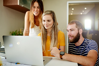 Buy stock photo Online reading, teamwork and people in office, computer or conversation with planning for news report. Copywriting, cooperation or journalist with pc, feedback or email for review or editing magazine
