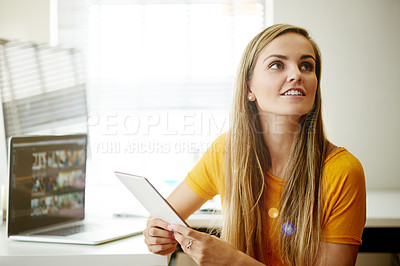 Buy stock photo Thinking, creative and woman with tablet in office for reflection, story ideas and editor feedback. Journalist, digital app and planning for article solution, draft update and decision on publication