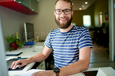Buy stock photo Web developer, computer or portrait of happy man in office for software system or website update. Confident, designer or proud backend engineer with technology for IT research and company development