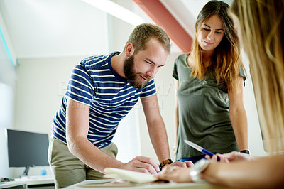 Buy stock photo Team, research and documents with business people in meeting for planning, brand strategist and pitch. Campaign review, collaboration and feedback with employees in office for creative agency