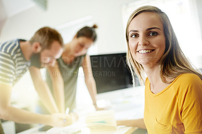 Buy stock photo Happy woman, portrait and business people in meeting for planning together, help or solution. Group project, creative team and proud designers in office for problem solving, startup or brainstorming
