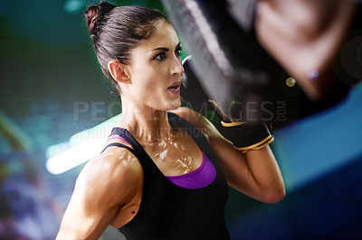 Buy stock photo Woman, boxer or sweat with personal trainer for workout, intense exercise or self defense in gym. Active, female person or boxing with coach or guard up for martial arts or training in health club