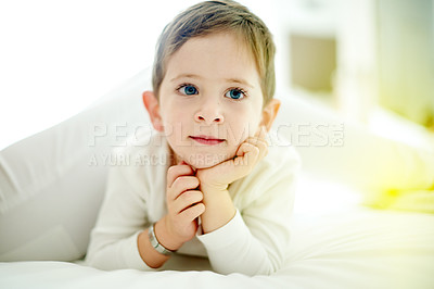 Buy stock photo Thinking, vision and kid in house with hands, relax and thought in dream mindset. Decision, idea and young boy in bedroom with reflection, positive memory and perception in child development.