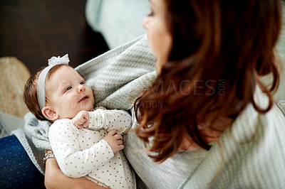 Buy stock photo Woman, relax and smile with baby in home for love, care or bonding together to nurture child development. Happy, mom or single parent with infant girl for growth, trust or comfort in family house