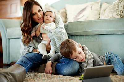 Buy stock photo Mom, baby and child with tablet for nap with sleep video, podcast and brain development. Parent, son and mother on floor in home with internet, streaming cartoon or app for entertainment or growth