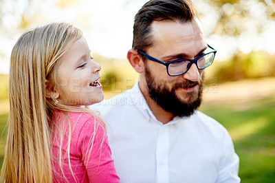 Buy stock photo Outdoor, funny and father carrying girl, nature and bonding together with weekend break. Family, single parent and dad in park, daughter and child development with holiday, laughing and kid with love