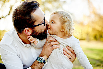 Buy stock photo Park, kiss and dad with girl for outdoor, relationship and connection together with smile. Happy family, father and child with love for bonding, support and trust on weekend holiday in nature