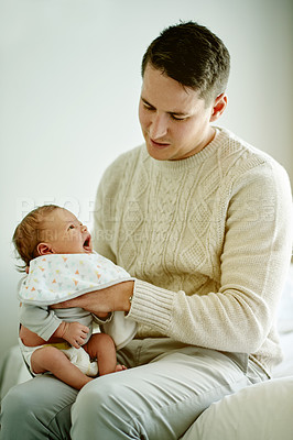 Buy stock photo Burping, baby and dad in home, love or first time parent with care for newborn, protection or safety. Family, together and man with child in nursery, comfort and father with affection or childcare