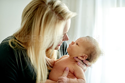 Buy stock photo Mother, newborn or kid in home with bonding, happy and affection with relationship growth or love for family. Calm, peace and baby in arms of mom, moment and safety with woman for motherhood at house