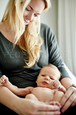 Buy stock photo Mother, newborn or kid in home with smile, bonding or affection with moment or love for family. Calm, peace and baby with mom, development or growth of relationship with woman for motherhood at house