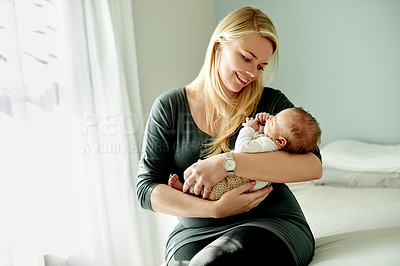 Buy stock photo Home, woman and happy with baby, sleeping and parent with love for newborn, protection or childcare. Infant, nap and mom with daughter in nursery, smile and person with girl in house and bonding