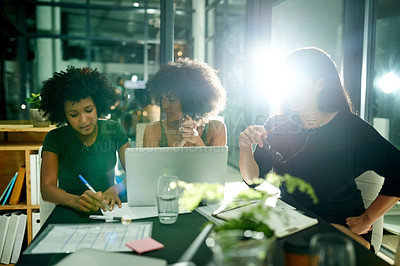 Buy stock photo Night, team and women with laptop, office and collaboration for marketing strategy or communication. Working late, colleagues and people with tech for deadline, ad campaign and flare in business