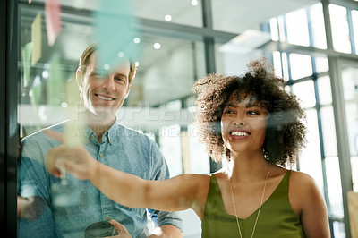 Buy stock photo Organized, startup or people with ideas on glass for brainstorming, solution or project strategy. Sticky note, collaboration and creative designers in meeting for business, teamwork or planning task