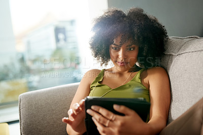 Buy stock photo Relax, tablet and smile with woman on sofa for social media, streaming service and connection. Movie showtimes, subscription and film schedule with person in living room of home for search and app