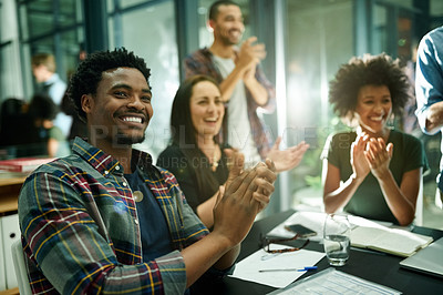 Buy stock photo Happy man, applause and team at night, meeting and success with motivation for goals at media company. Business people, group and smile at startup, clapping hands and celebration at creative agency
