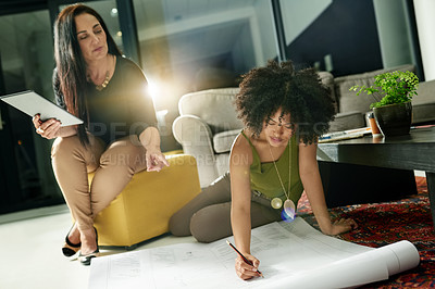 Buy stock photo Business, interior designer and women with blueprint, conversation and feedback for ideas. Proposal management, tablet or decor project with documents, teamwork and creative agency with brainstorming