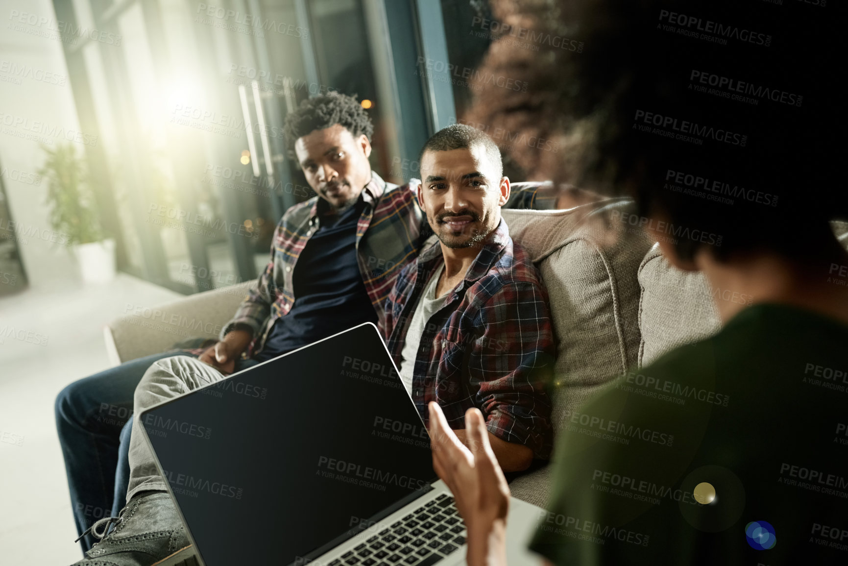Buy stock photo Explain, people and discussion in marketing with laptop, conversation or plan for agency. Meeting, collaboration or flare in overtime with tech, talking and brainstorming in office for project idea
