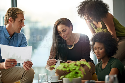 Buy stock photo Conversation, documents and business people in office with planning for finance report together. Discussion, paperwork and team of financial advisors working on investment proposal in workplace.