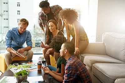 Buy stock photo Creative people, feedback and tablet in office for meeting, brainstorming and smile with design team. Project manager, technology and man in agency for proposal process, report or web campaign agenda