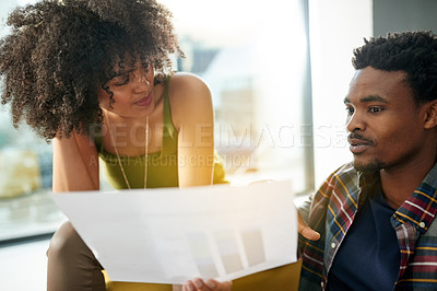 Buy stock photo Man, woman and documents at startup, team and brainstorming for interior design at company. People, partnership and smile with paperwork, swatch and creative process for collaboration at agency