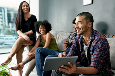 Buy stock photo Tablet, planning and discussion with business people in office for client briefing, teamwork and project. Interior design update, creative feedback and schedule conversation with employees in agency