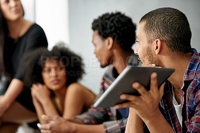 Buy stock photo Talking, man and teamwork with tablet, office and planning for design project, creative and meeting. UI designer, collaboration and people with tech for assignment, ideas and discussion with research