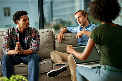 Buy stock photo Collaboration, meeting and planning with business people in lounge of office for brainstorming. Conversation, design and laptop screen with employee team on sofa in workplace for creative discussion