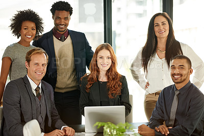 Buy stock photo Portrait, group and team in law firm, confident or collaboration for legal case, unity and ambition. Happy, attorney and people with laptop in office, men and women with tech for trial or justice
