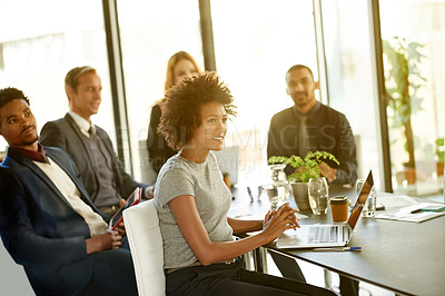 Buy stock photo Morning, meeting and business people with laptop in office for finance review, project and research. Corporate, presentation and men with women on computer for feedback, proposal and financial report