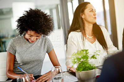 Buy stock photo Meeting, notes and business women in office with planning for creative project in collaboration. Teamwork, discussion and female copywriters working on article for publishing together in workplace.