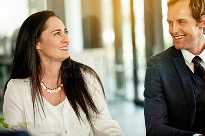Buy stock photo Corporate, meeting and happy business people in office for consulting, legal advice and discussion. Attorney team, lawyers and man with woman in boardroom for case work, justice and collaboration