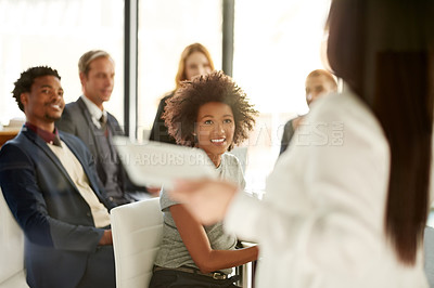 Buy stock photo Office, presentation and business people in meeting with speaker for planning, strategy and discussion. Professional, teamwork and men with women in boardroom for feedback, report and research